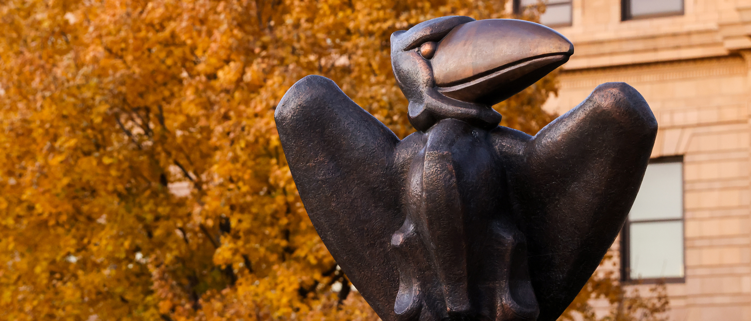 Stone Jayhawk outside of Strong Hall