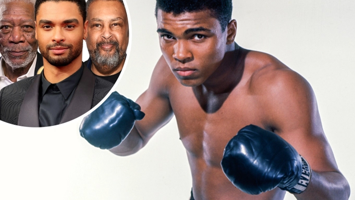 Morgan Freeman, Regé-Jean Page, Kevin Willmott and Muhammad Ali Credit: Stanley Weston/Getty Images